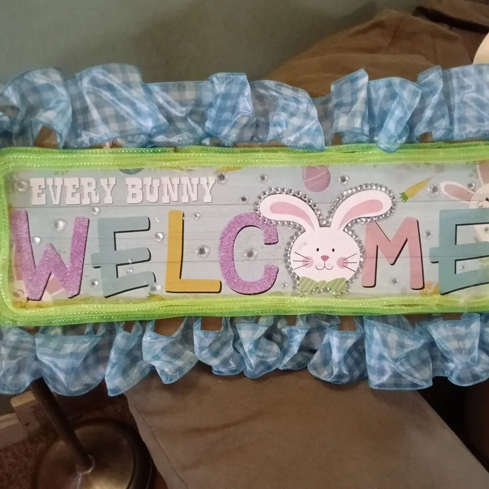 Charming Bunny Welcome Sign with Blue and Green Accents